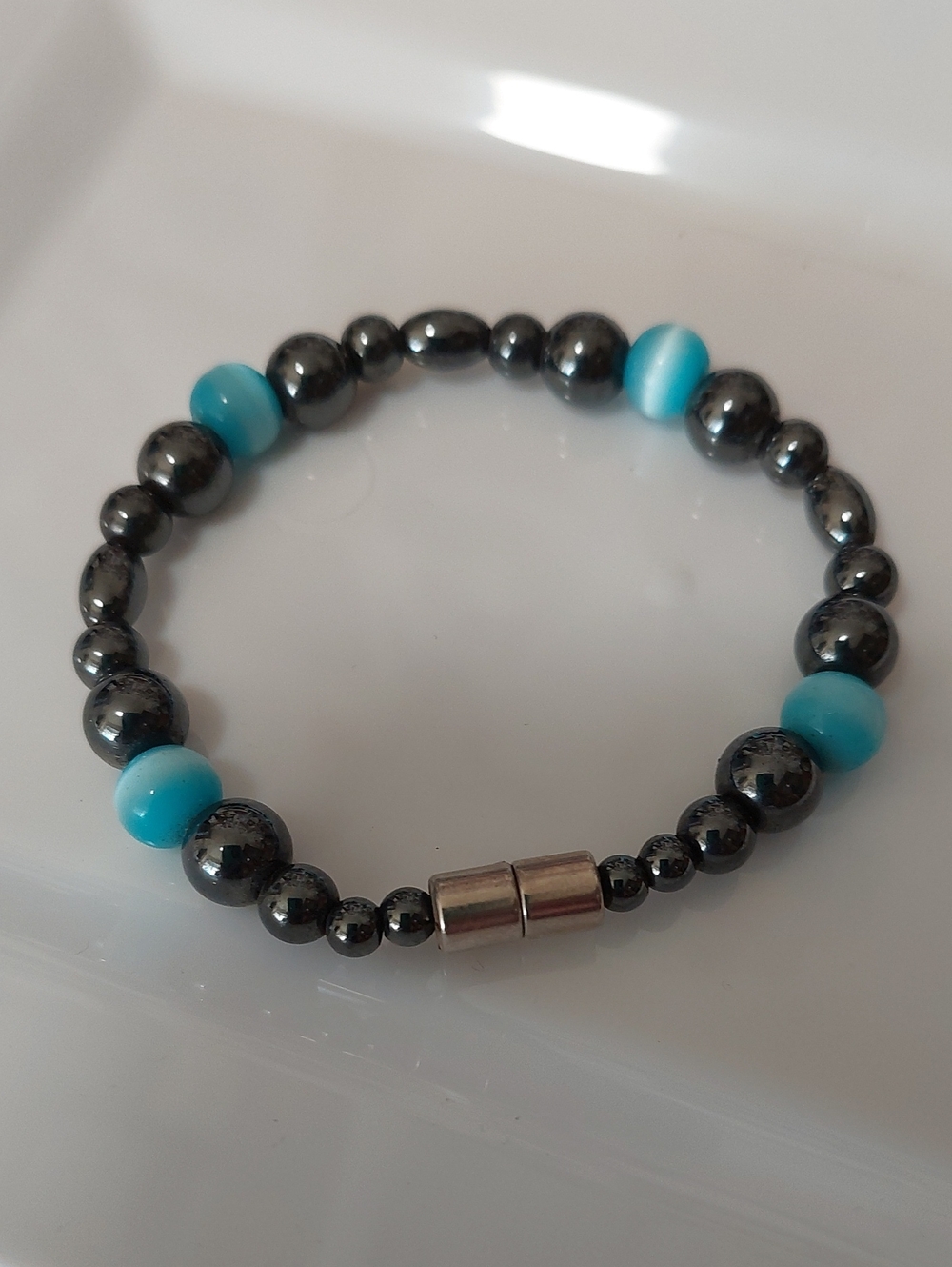Turquoise Cats Eye Beads and Hematite Beads Magnetic Clasp .
